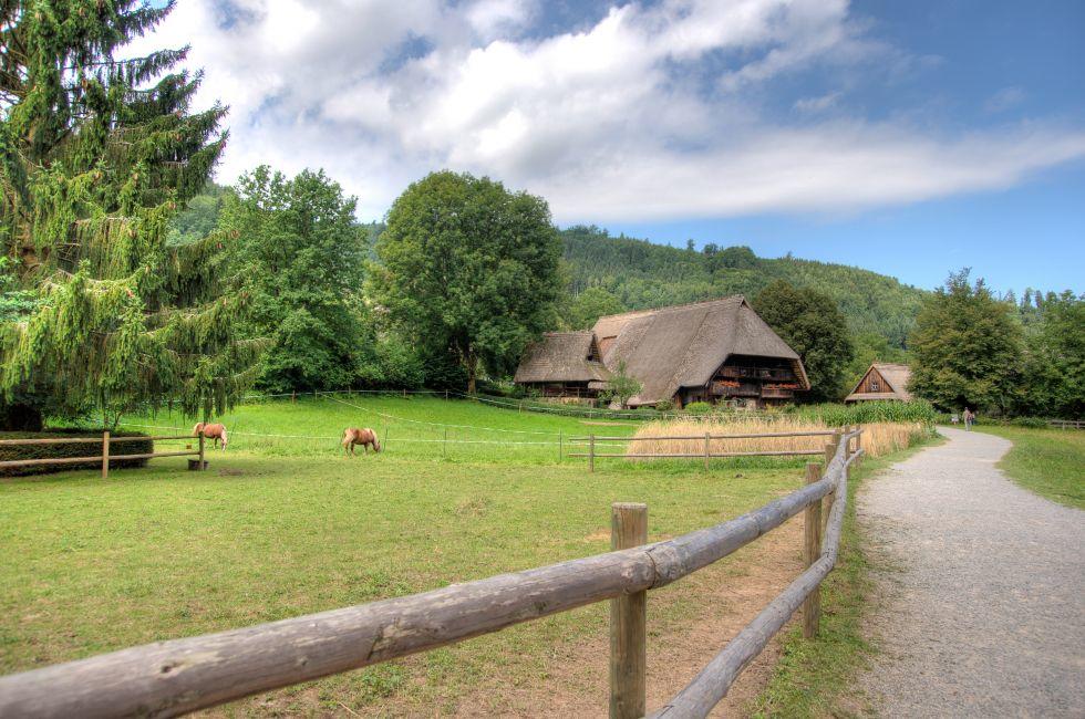 Schwarzwald forest villages landscape. Black Forest Open Air Museum Vogtsbauernhof, Gutach, Germany.