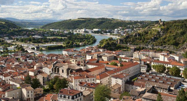 Aerial View of Vienne France &amp; Rhone River; 