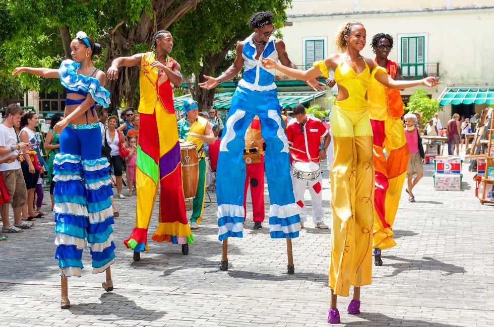 Street dancers in Havana.With Cuba receiving over two million tourists a year,artists representing the cuban culture are part of the atmosphere of Old Havana.
