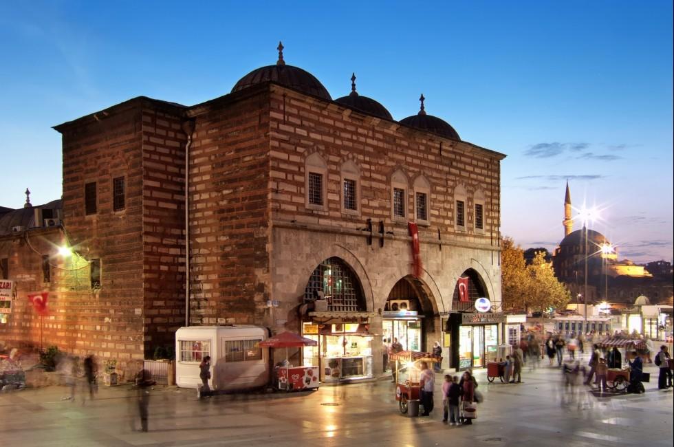 Famous Spice Bazaar in sunset colors on October 27, 2007 in Istanbul, Turkey.