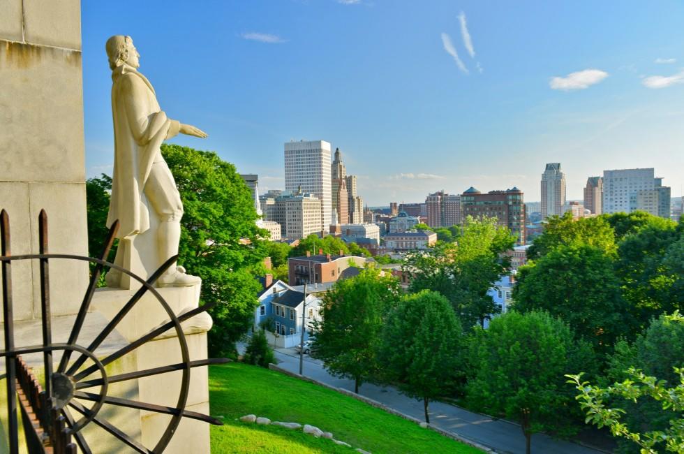 Prospect Terrace Park view of the Providence skyline and Roger Williams statue, Providence, Rhode Island, USA.