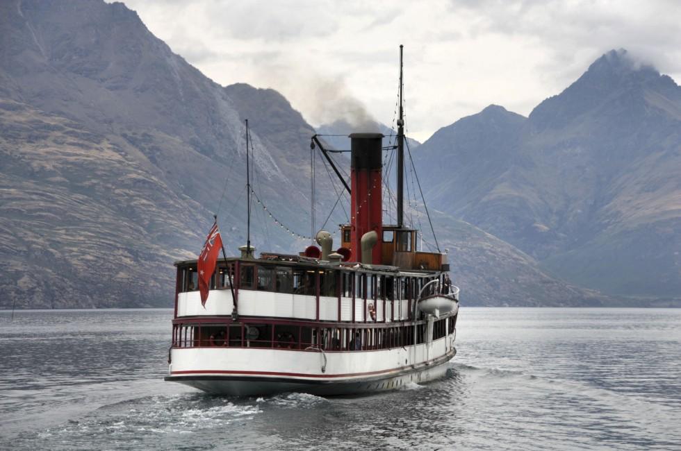Vintage twin screw steamer - symbol of Lake Wakatipu and Queenstown in New Zealand. Rainy weather 