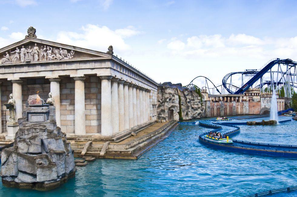 View over the Greek themed area of Europa Park. Poseidon is a high-speed water coaster with incredibly detailed theming, such as the Trojan Horse, and the station being located inside a recreated Acropolis temple. Europa-Park is the largest theme park in G