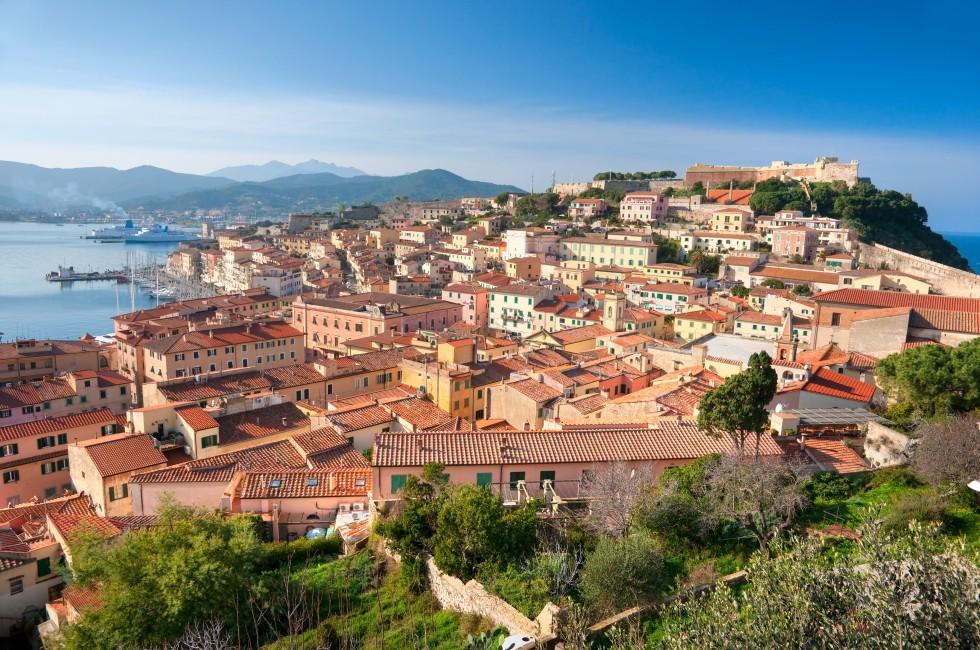 View of Portoferraio old city, with the Forte Stella and the Napoleon Villa. Isle of Elba, Livorno, Italy.; 
