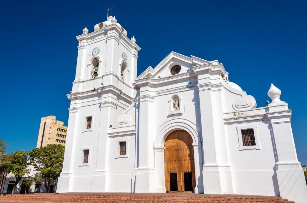 White cathedral of Santa Marta, Colombia with a beautiful deep blue sky; 