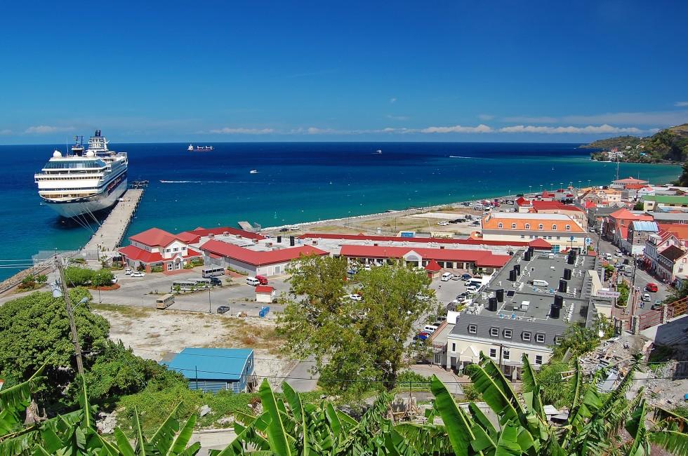 Panorama of Saint George's harbour on Grenada Island with cruise ship by the jetty; 