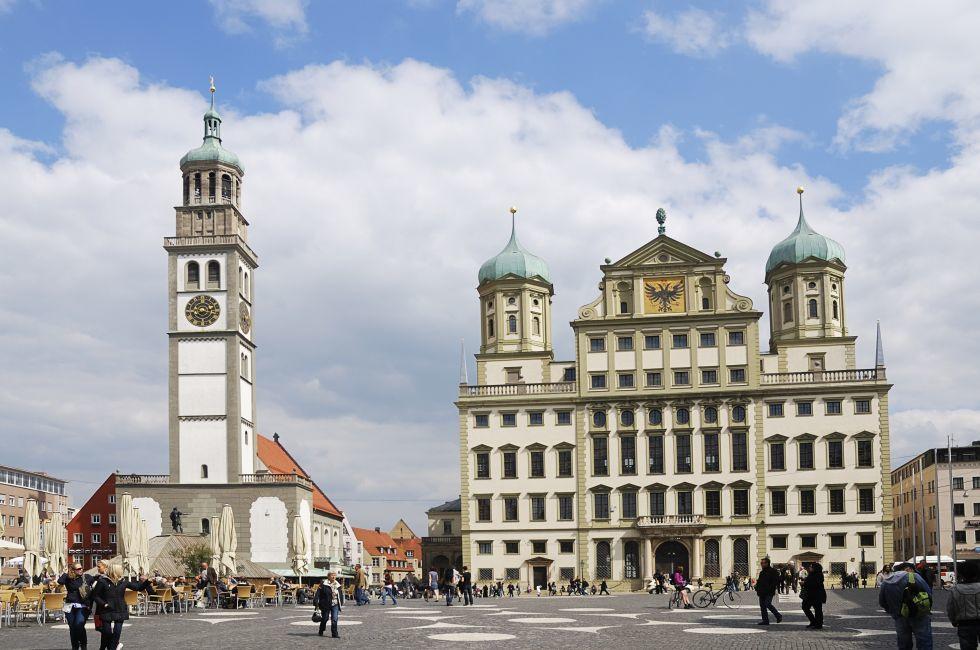 AUGSBURG, GERMANY - APRIL 16: City centre of Augsburg on April 16, 2011. Augsburg  hosts the women soccer worldcup  2011. It is the 2nd oldest town of Germany, visited by 600,000 tourists every year.