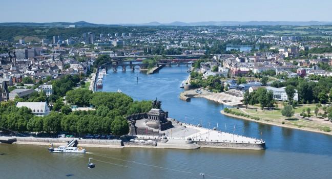 Koblenz, Germany; An elevated view of Koblenz and the German Corner (Deutsches Eck) where the rivers Rhine and Mosel meet.; 