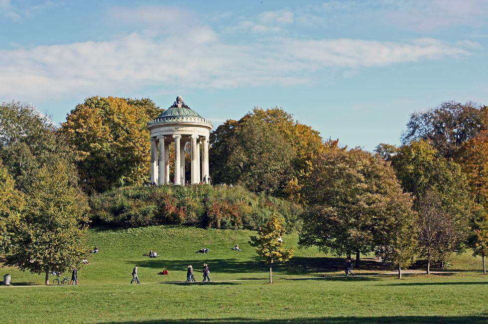 The Monopteros in Englischer Garten in Munich on a sunny day in fall.