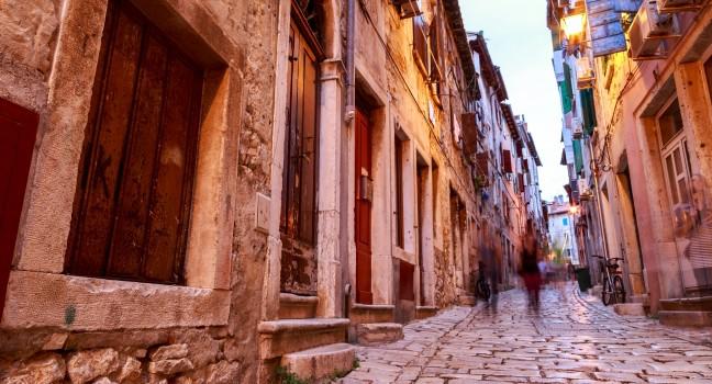 Cozy and narrow streets in Rovinj's medieval old town, Croatia