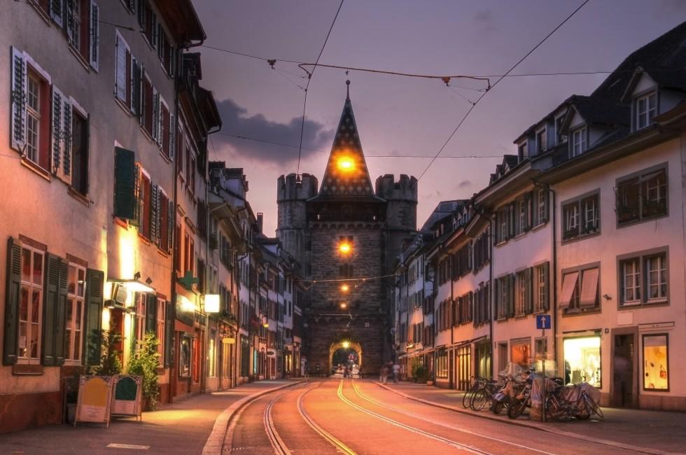 Spalentor Gate in Basel, Switzerland at twilight (HDR image); 