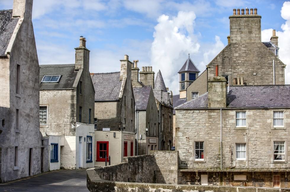 Lerwick, Shetland, Scotland, United Kingdom. Street View of the old city of 400 years (17th century) with its characteristic granite houses in northern Europe.