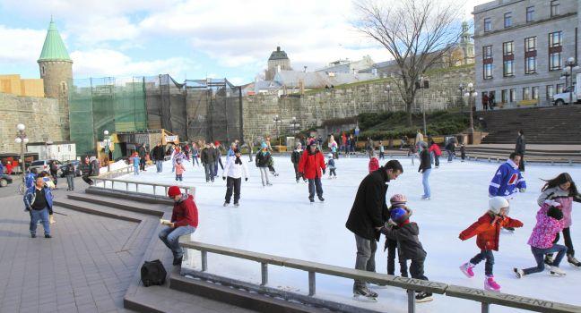 This picture was taken on d'Youville Place, Quebec when you can do sport early in the season because of artificial ice and cold weather.
