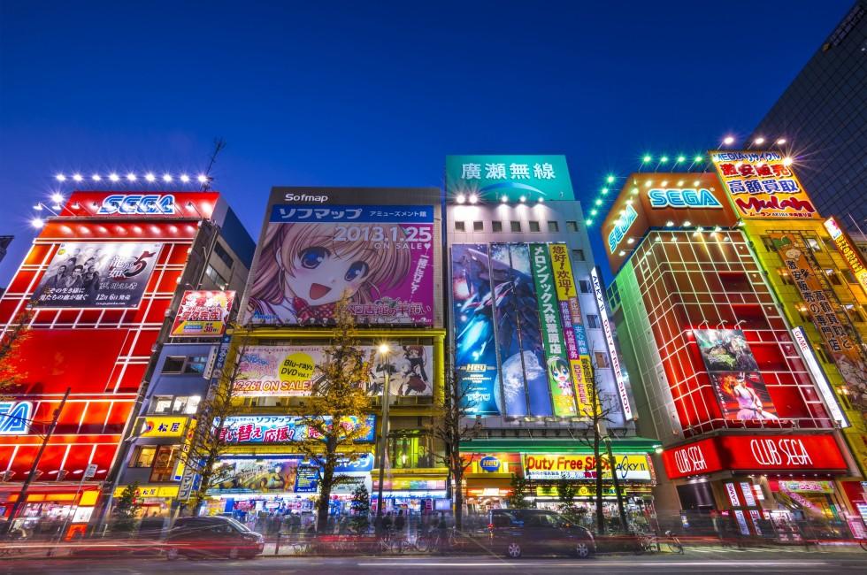 TOKYO, JAPAN - JANUARY 2, 2013: Cityscape in Akihabara district at night. The district is a major shopping area for electronics, computers, anime, games and otaku goods.