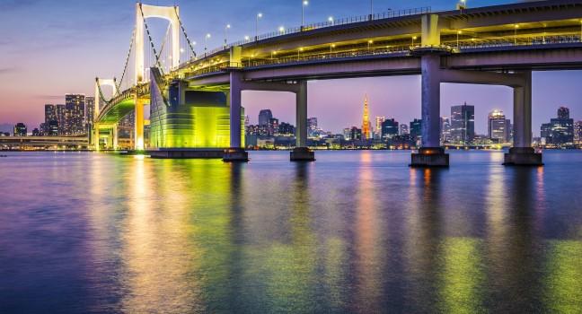 Tokyo, Japan at Tokyo Bay and Rainbow Bridge.