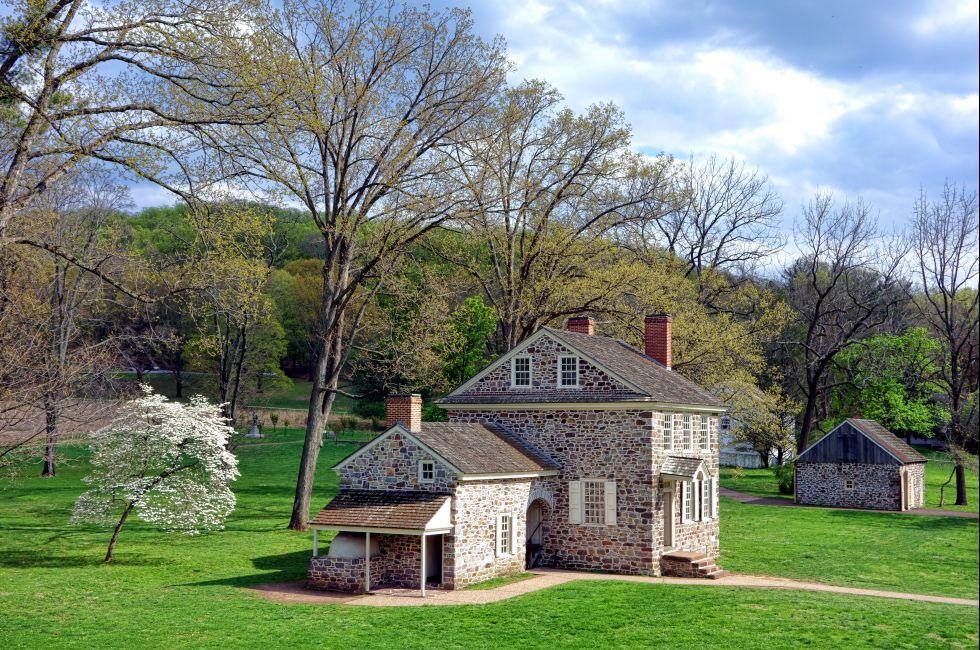 George Washington Headquarters of the American Revolutionary War Continental Army encampment in Isaac Potts field stone house scenic site at Valley Forge National Historical Park near Philadelphia in Pennsylvania. 