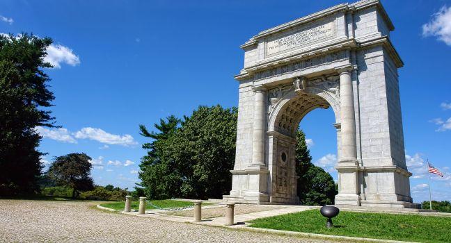 National Memorial Arch monument dedicated to George Washington and the United States Continental Army in historic Valley Forge National Park near Philadelphia in Pennsylvania. 