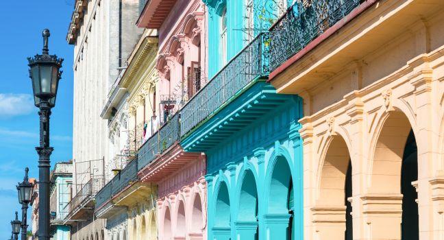 Colorful buildings and street lamps in Old Havana.