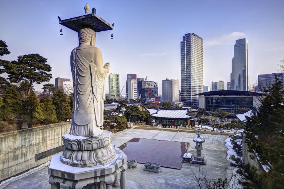 Skyline of downtown Seoul, South Korea from bongeunsa temple; 