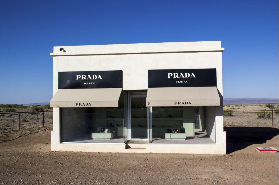VALENTINE,TX,USA-MAY 30: The Marfa Prada sculpture sits on a desolate stretch of US route 90 on May 30, 2013. Prada Marfa is a permanently installed sculpture by artists Elmgreen and Dragset.; Shutterstock ID 140613175; Project/Title: AARP; Downloader: Fod