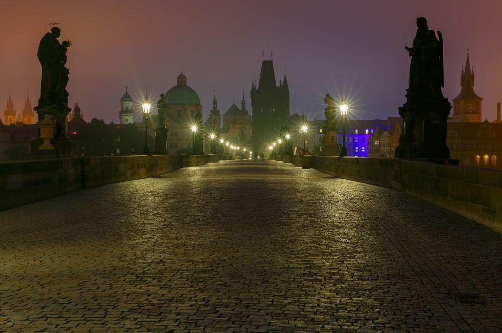 Charles Bridge in Prague (Czech Republic) at night lighting. Long exposure.; Shutterstock ID 222614908; Project/Title: Best Adventures for Night Owls; Downloader: Fodor's Travel