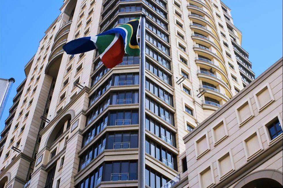 A sample of a South African flag. Captured in front of the Michael Angelo Hotel. This luxury hotel is overlooking the Nelson Mandela Square, situated in Sandton.
