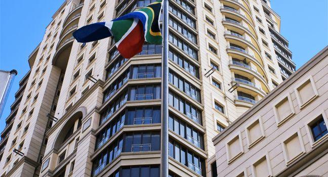A sample of a South African flag. Captured in front of the Michael Angelo Hotel. This luxury hotel is overlooking the Nelson Mandela Square, situated in Sandton.
