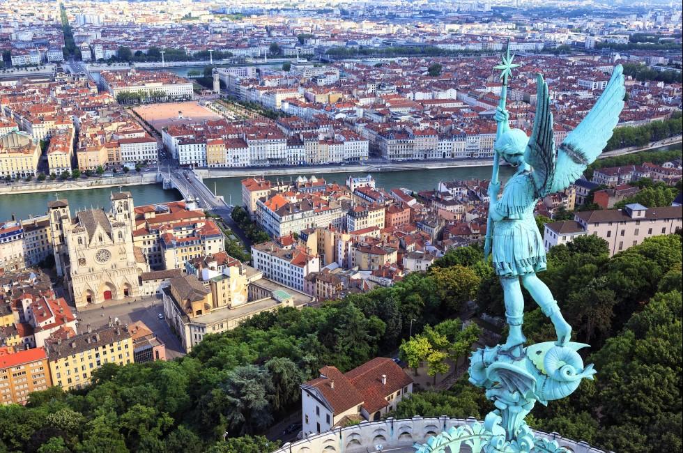 Famous view of Lyon from the top of Notre Dame de Fourviere;  