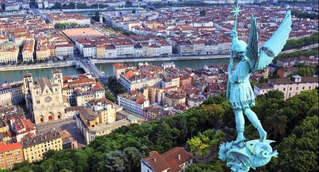 Famous view of Lyon from the top of Notre Dame de Fourviere;  